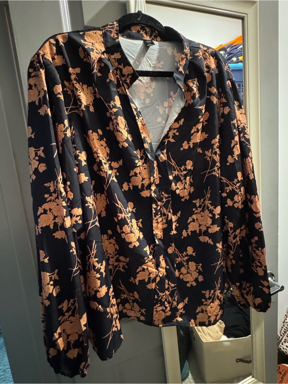 SHEIN Black Blouse with Copper Floral Print